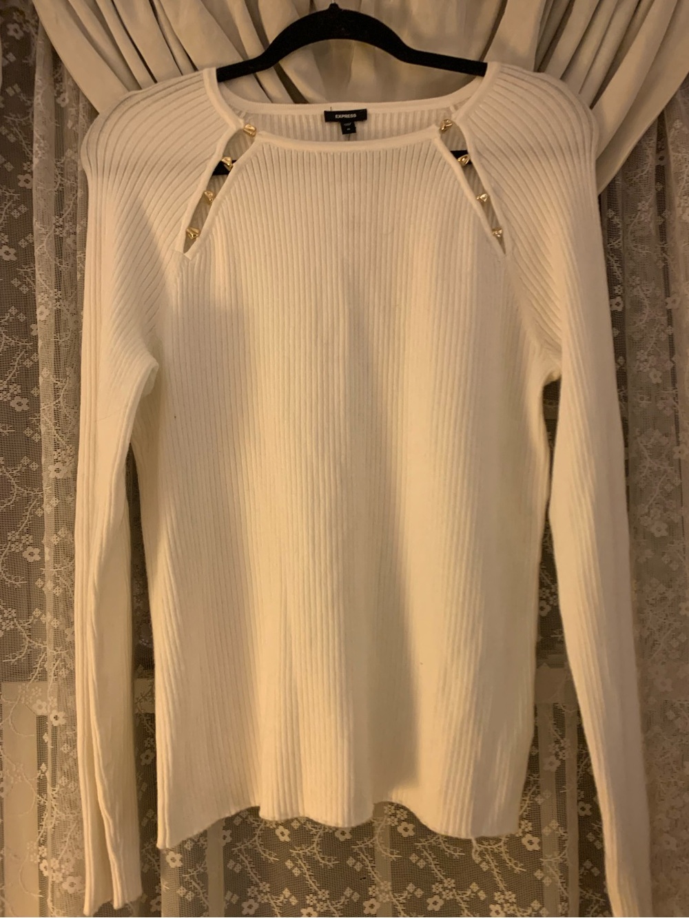 Express White Ribbed Crewneck Sweater with Gold Trim